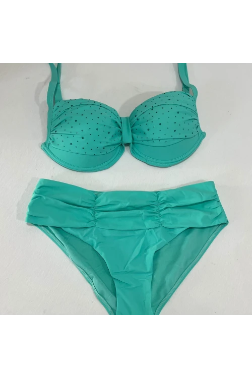 Kadın Turkuaz Taş İşlemeli Astarlı Büyük Beden Bikini Takımı HZL25S-LC01
