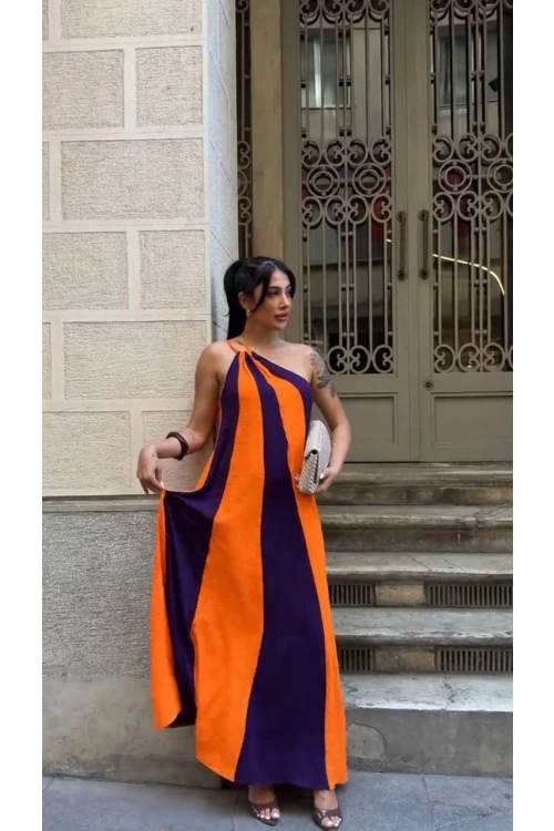 Kadın Turuncu Mor Parça Bloklu Omuz Detay Elbise HZL25S-DSB107651