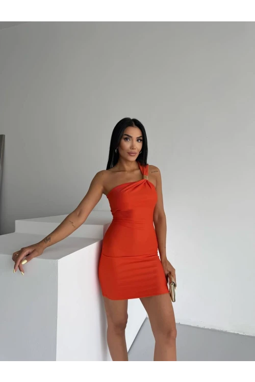 Kadın Turuncu Ottoman Kumaş Tek Omuz Toka Detaylı Elbise HZL25S-FRY123151