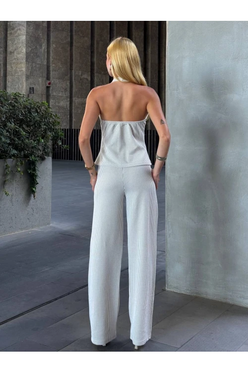 Kadın Vizon Çizgili Önü Fermuarlı Bluz Pantolon İkili Takım HZL25S-ZK13691