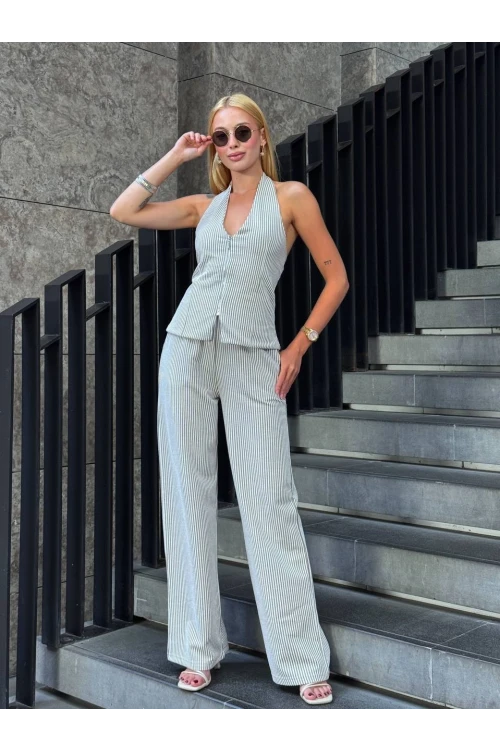 Kadın Vizon Çizgili Önü Fermuarlı Bluz Pantolon İkili Takım HZL25S-ZK13691