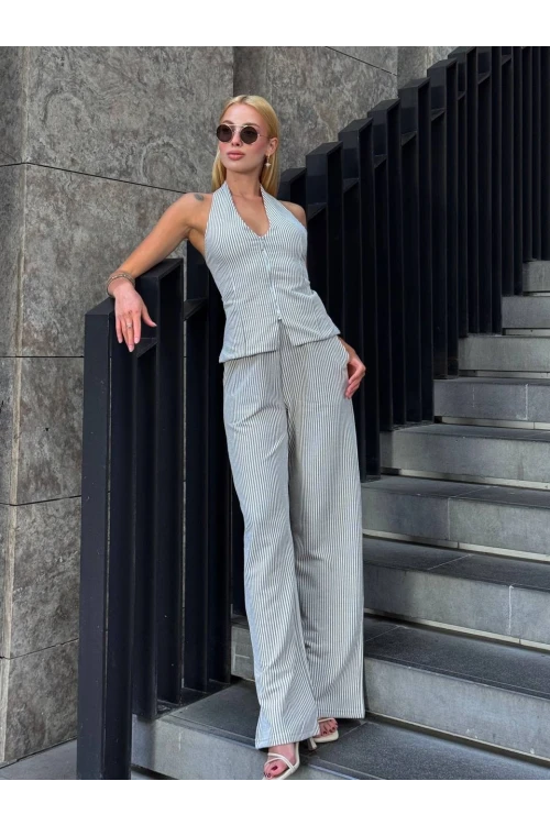 Kadın Vizon Çizgili Önü Fermuarlı Bluz Pantolon İkili Takım HZL25S-ZK13691