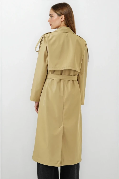 Kadın Yağ Yeşili  Kruvaze Yaka Astarlı Kemerli Mevsimlik Trençkot HZL25W-BD159411