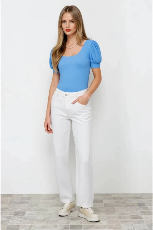 Kadın Yeni Mavi Kare Yaka Örme Bluz HZL22W-BD104091