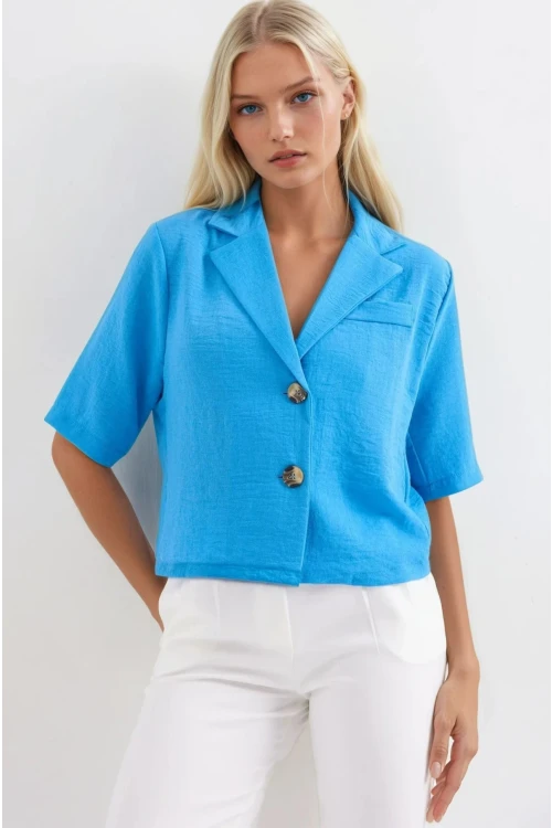 Kadın Yeni Mavi Kısa Kollu Şal Yaka Düğmeli Mevsimlik Keten Ayrobin Ceket HZL24S-BD107061