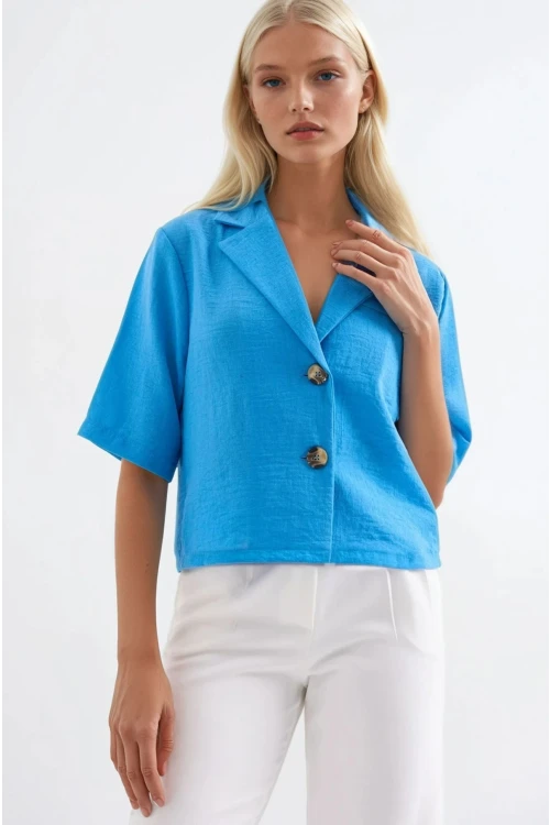 Kadın Yeni Mavi Kısa Kollu Şal Yaka Düğmeli Mevsimlik Keten Ayrobin Ceket HZL24S-BD107061