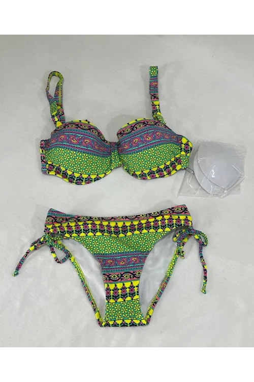 Kadın Yeşil Çok Renkli Etnik Desen Atarlı Bikini Takımı HZL25S-LC8004