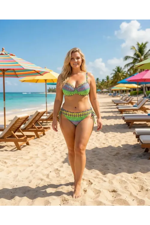 Kadın Yeşil Çok Renkli Etnik Desen Atarlı Bikini Takımı HZL25S-LC8004