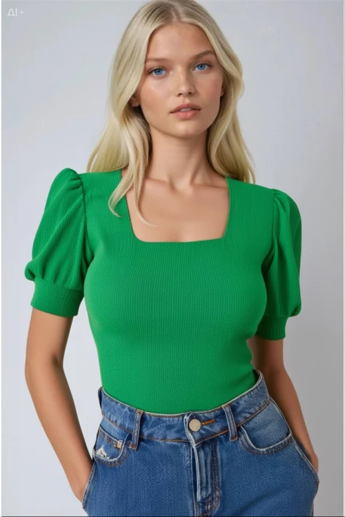 Kadın Yeşil Kare Yaka Örme Bluz HZL22W-BD104091