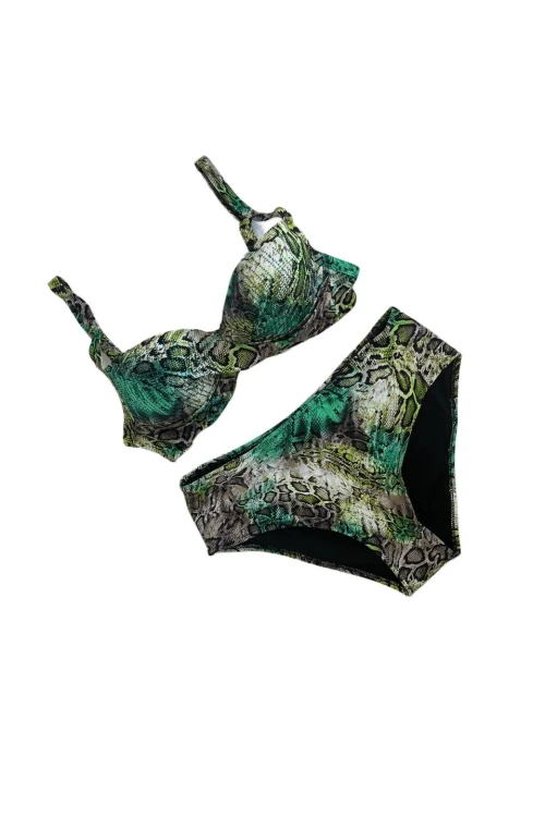 Kadın Yeşil Leopar Desenli Astarlı Büyük Beden Bikini Takımı HZL25S-LC25006