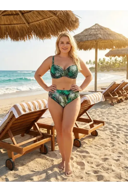 Kadın Yeşil Leopar Desenli Astarlı Büyük Beden Bikini Takımı HZL25S-LC25006