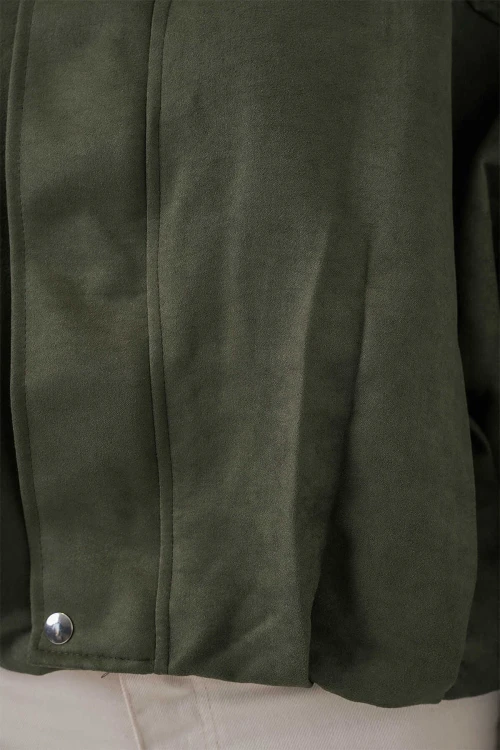 Kadın Yeşil Oversize Fermuar ve Çıt Çıt Kapamalı Cepsiz Süet Deri Ceket HZL25W-BD107301