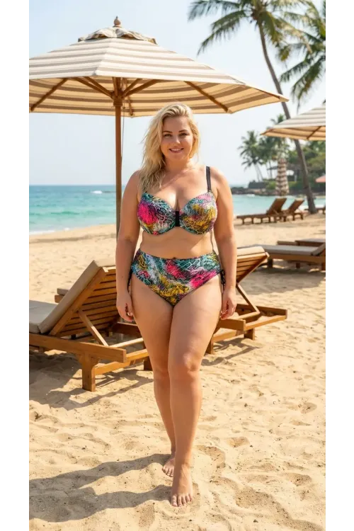 Kadın Yeşil Pembe Leopar Desenli Astarlı Büyük Beden Bikini Takımı HZL26S-LC506