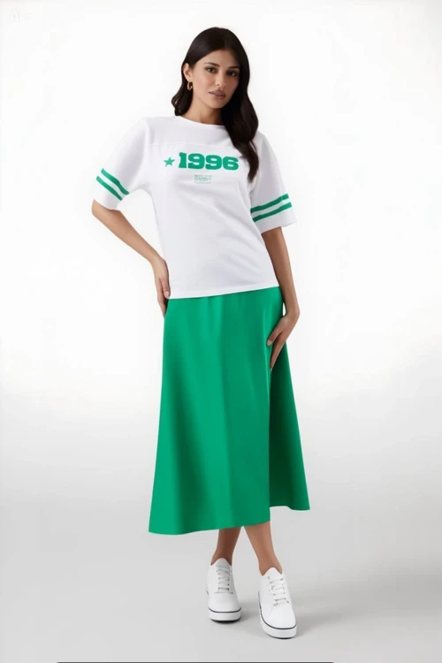 Kadın Yeşil Saten Yüzeyli Beli Lastikli Midi Boy Etek Hzl23S-BD1101471