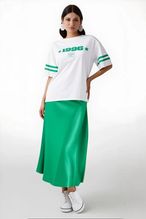 Kadın Yeşil Saten Yüzeyli Beli Lastikli Midi Boy Etek Hzl23S-BD1101471