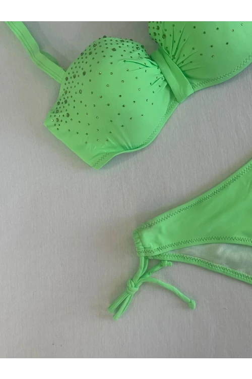 Kadın Yeşil Taş İşlemeli 3 Parça Bikini Takım HZL25S-LC3315