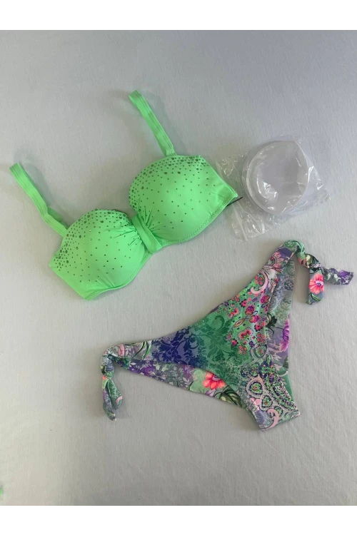 Kadın Yeşil Taş İşlemeli 3 Parça Bikini Takım HZL25S-LC3315