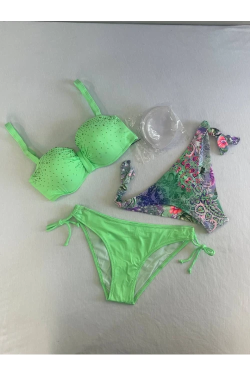 Kadın Yeşil Taş İşlemeli 3 Parça Bikini Takım HZL25S-LC3315