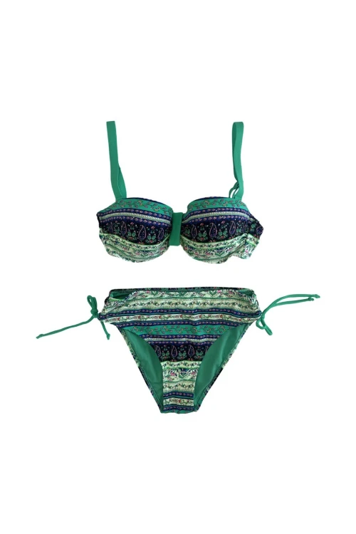 Kadın Yeşil Taş İşlemeli Etnik Desenli Astarlı Bikini Takımı HZL25S-LC3305