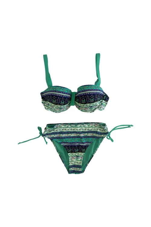 Kadın Yeşil Taş İşlemeli Etnik Desenli Astarlı Bikini Takımı HZL25S-LC3305