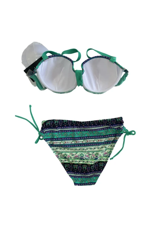 Kadın Yeşil Taş İşlemeli Etnik Desenli Astarlı Bikini Takımı HZL25S-LC3305