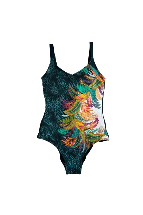 Kadın Yeşil Tropikal Yaprak Desen Yüzücü Mayo HZL25S-LC0046