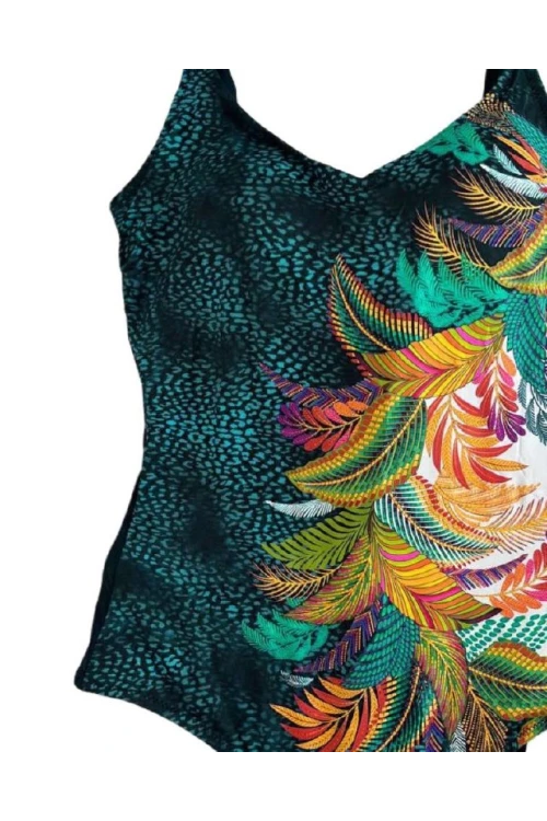 Kadın Yeşil Tropikal Yaprak Desen Yüzücü Mayo HZL25S-LC0046