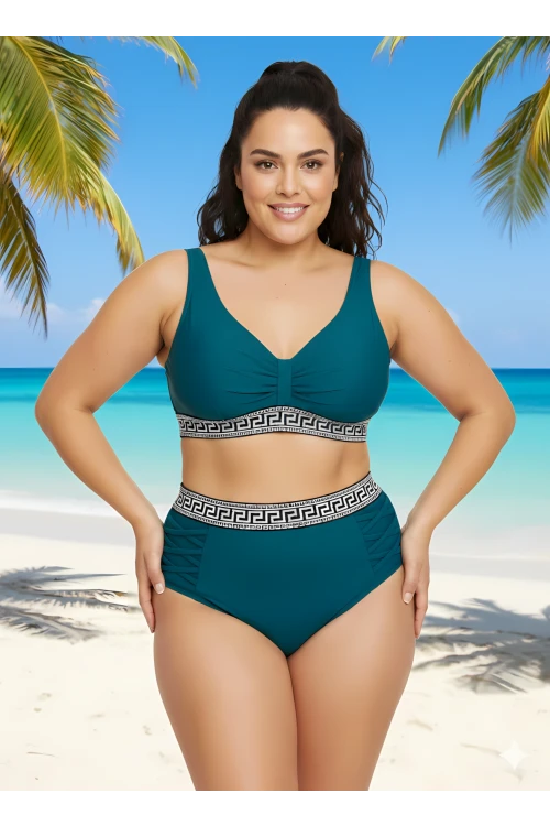 Kadın Yeşil Yüksek Bel Şerit Detaylı Destekli Büyük Beden Bikini Takımı HZL25S-LC201