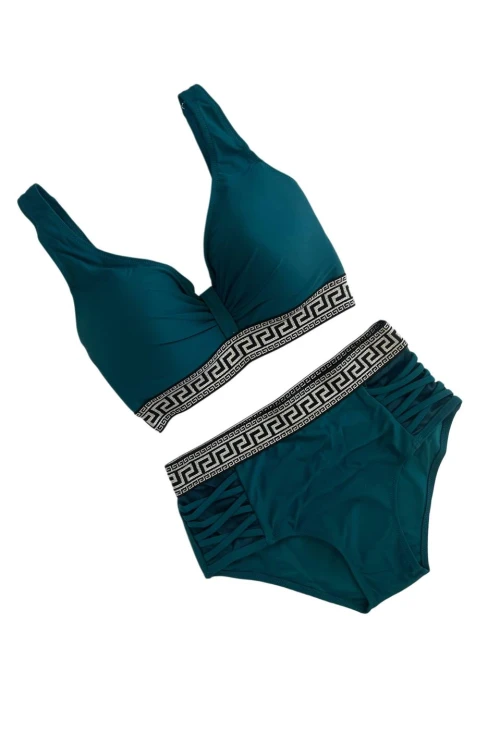 Kadın Yeşil Yüksek Bel Yanları Şerit Detaylı Desenli Lastikli Destekli Bikini Takımı HZL25S-LC201
