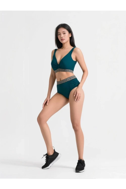 Kadın Yeşil Yüksek Bel Yanları Şerit Detaylı Desenli Lastikli Destekli Bikini Takımı HZL25S-LC201