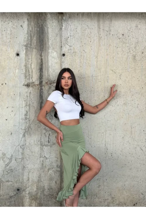 Kadın Yeşil Yüksel Bel Dalgıç Kumaş Asimetrik Kesim Etek HZL25S-ZK11701