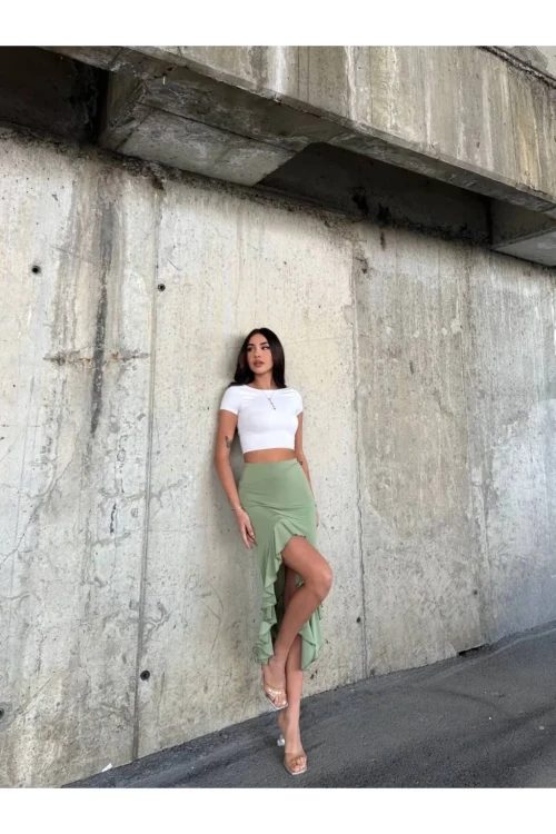 Kadın Yeşil Yüksel Bel Dalgıç Kumaş Asimetrik Kesim Etek HZL25S-ZK11701