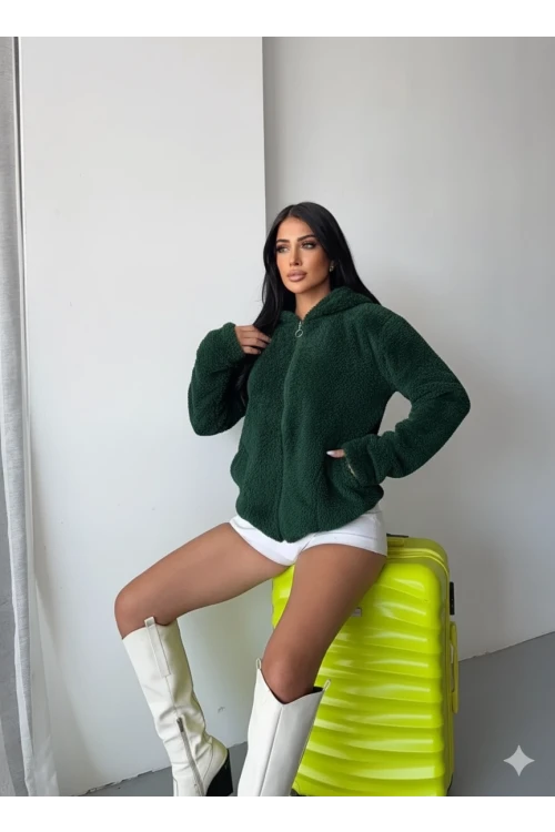Kadın Zümrüt Welsoft esnek kumaş Peluş Yumoş Önü Fermuarlı Kapüşonlu Ceket HZL23W-DSB110081