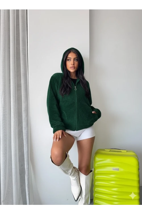 Kadın Zümrüt Welsoft esnek kumaş Peluş Yumoş Önü Fermuarlı Kapüşonlu Ceket HZL23W-DSB110081