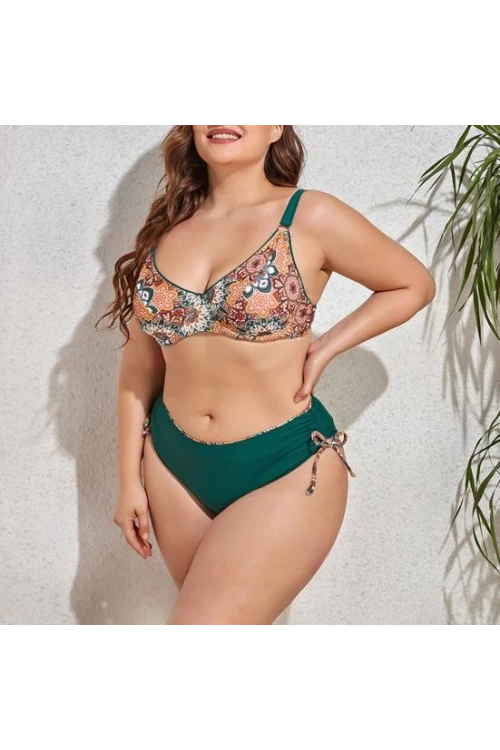 Kadın  Zümrüt Yeşil Etnik Desen Büyük Beden Bikini Takım HZL25S-LC3310