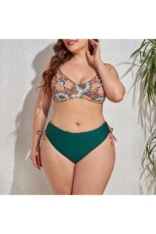 Kadın  Zümrüt Yeşil Etnik Desen Büyük Beden Bikini Takım HZL25S-LC3310