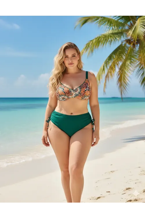 Kadın  Zümrüt Yeşil Etnik Desen Büyük Beden Bikini Takım HZL25S-LC3310