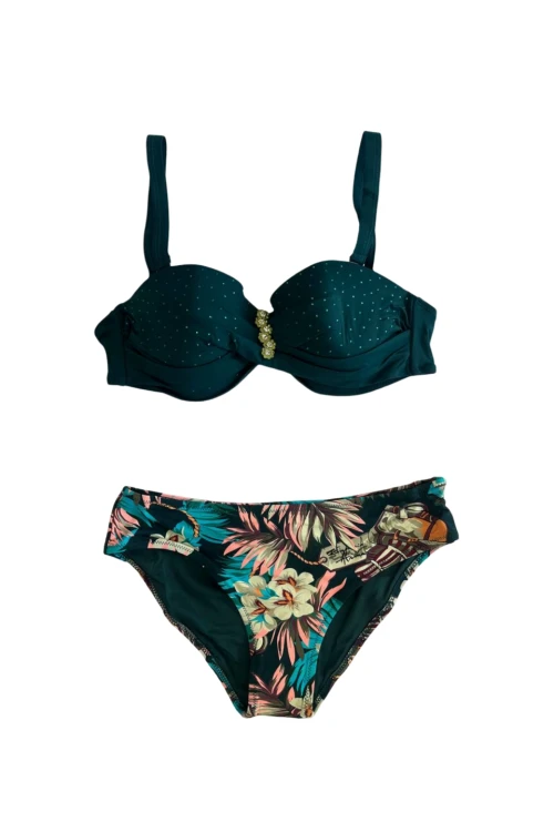 Kadın Zümrüt Yeşil Taş İşlemeli Aksesuar Detaylı Astarlı Bikini Takımı HZL25S-LC4005