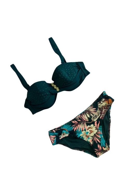 Kadın Zümrüt Yeşil Taş İşlemeli Aksesuar Detaylı Astarlı Bikini Takımı HZL25S-LC4005