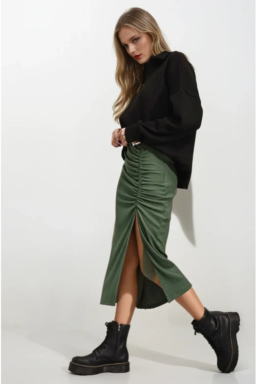 Kadın Zümrüt Yeşili Beli Lastikli Yırtmaçlı Uzun Etek HZL22S-BD118801