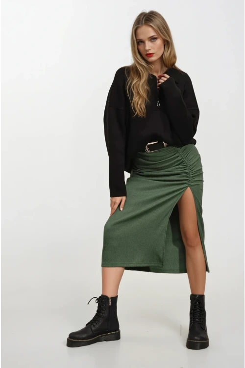 Kadın Zümrüt Yeşili Beli Lastikli Yırtmaçlı Uzun Etek HZL22S-BD118801