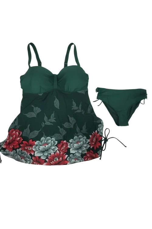 Kadın Zümrüt Yeşili Çiçek Desenli Elbise Model Büyük Beden Slipli Tankini HZL24S-LC4009