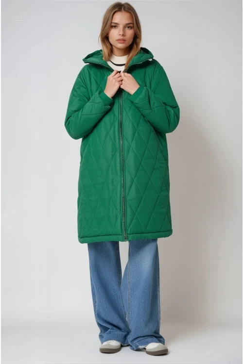 Kadın Zümrüt Yeşili Kapitone Uzun Şişme Mont HZL22W-BD151381