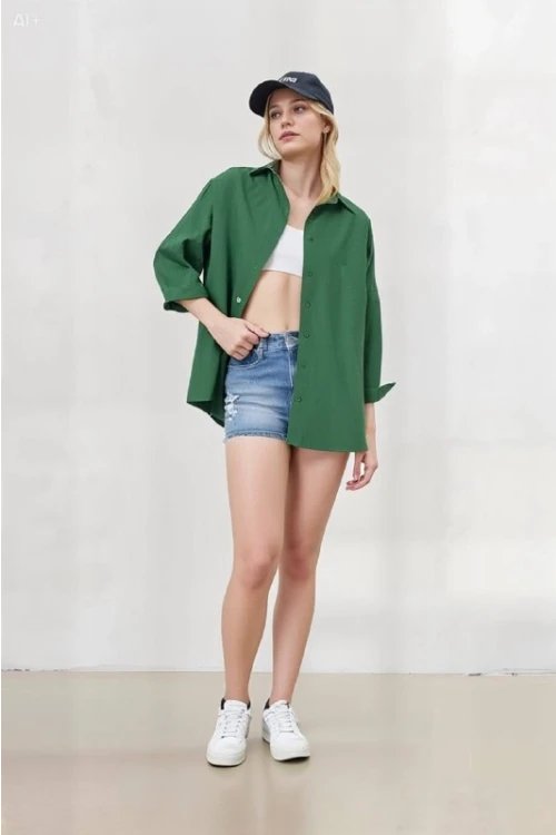 Kadın Zümrüt Yeşili Oversize Uzun Basic Gömlek HZL22W-BD139001
