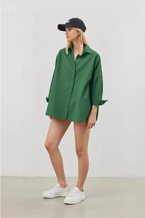 Kadın Zümrüt Yeşili Oversize Uzun Basic Gömlek HZL22W-BD139001