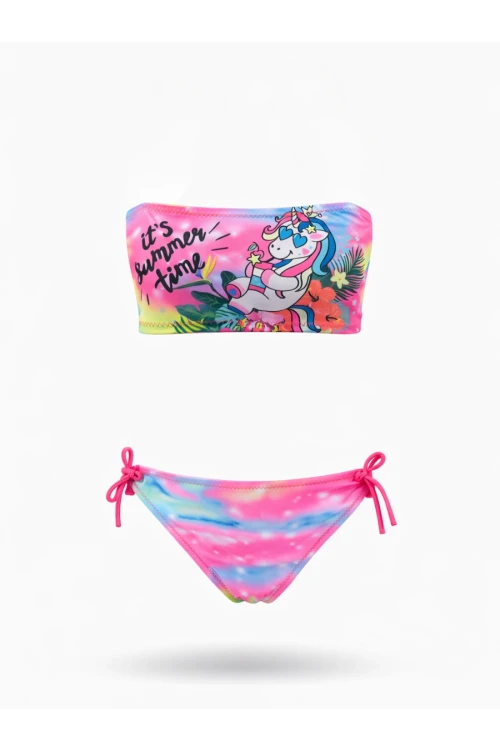 Kız Çocuk Açık Pembe Desenli  2-8 Yaş Straplez Bikini Takım HZL24S-LC3652