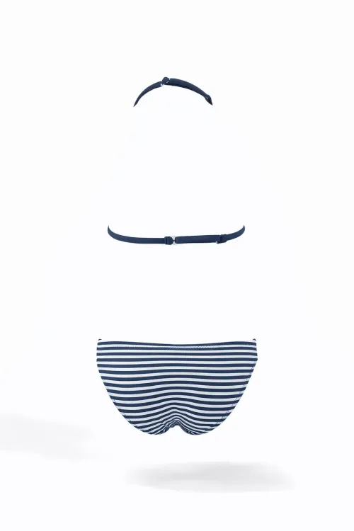Kız Çocuk Lacivert Beyaz Çizgili Flamingo Desenli  4-12 Yaş Üçgen Bikini Takım HZL24S-LC171