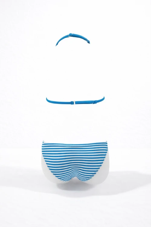 Kız Çocuk Mavi Beyaz Çizgili Flamingo Desenli  4-12 Yaş Üçgen Bikini Takım HZL24S-LC171