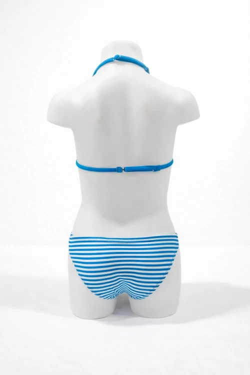 Kız Çocuk Mavi Beyaz Çizgili Flamingo Desenli  4-12 Yaş Üçgen Bikini Takım HZL24S-LC171