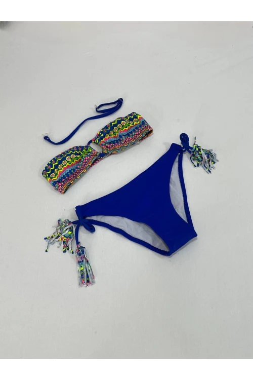 Kız Çocuk Mavi Çok Renkli  İp Detaylı Astarlı 4-12 Yaş Üçgen Bikini Takım HZL24S-LC1904